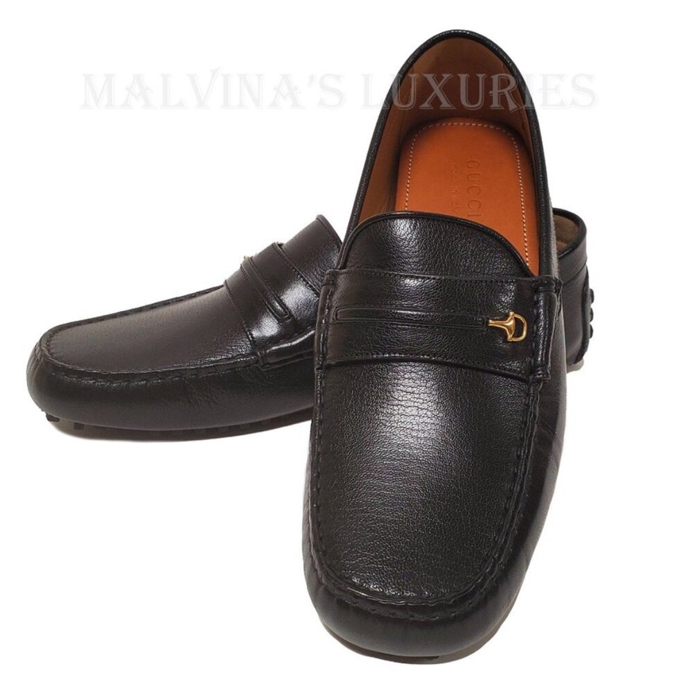 GUCCI SHOES MENS BLACK LEATHER HALF HORSEBIT DRIVER LOAFERS sz 10 / 10.5 US